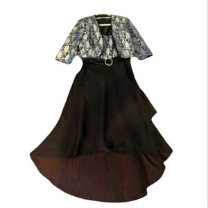 Le Bos Black/Silver Belted High-Low Fit Flare Dress With  Short Jacket Sz 10